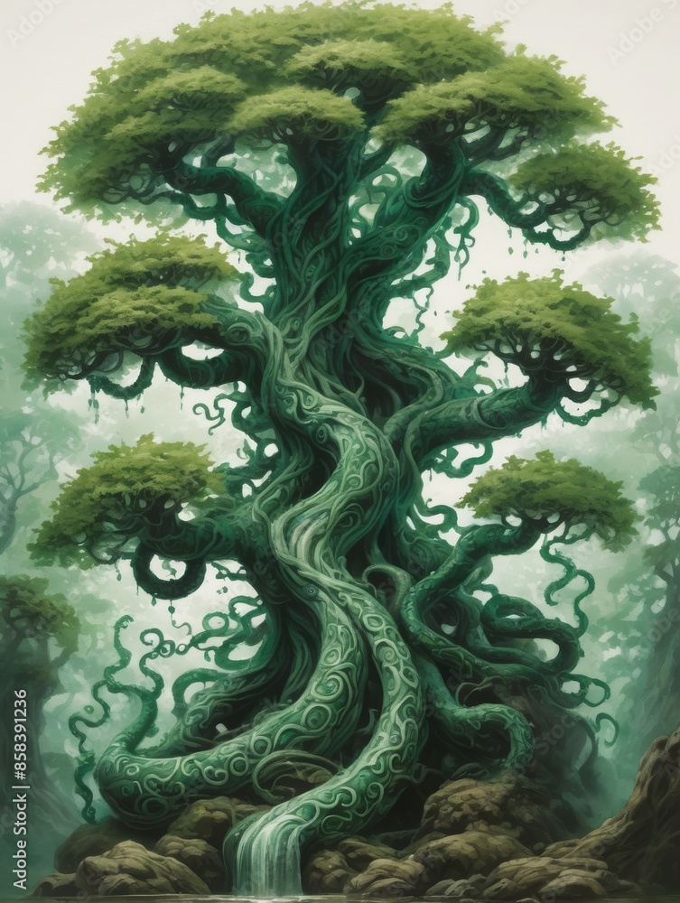 Fototapeta premium Huge tree in a foggy forest