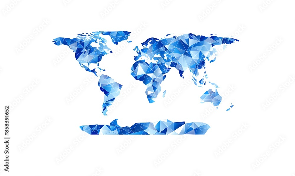 Naklejka premium Vector illustration of world map made from blue triangles on a white background, in a flat design style using simple shapes and polygonal geometric forms
