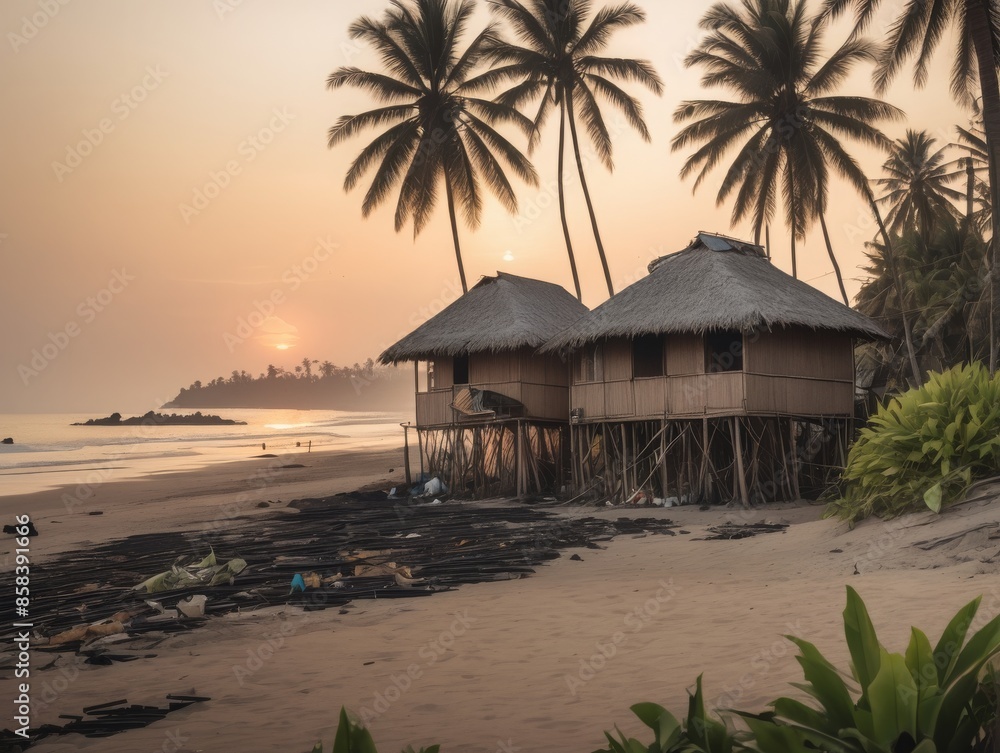 Fototapeta premium Wooden house on a tropical beach with trash at sunset