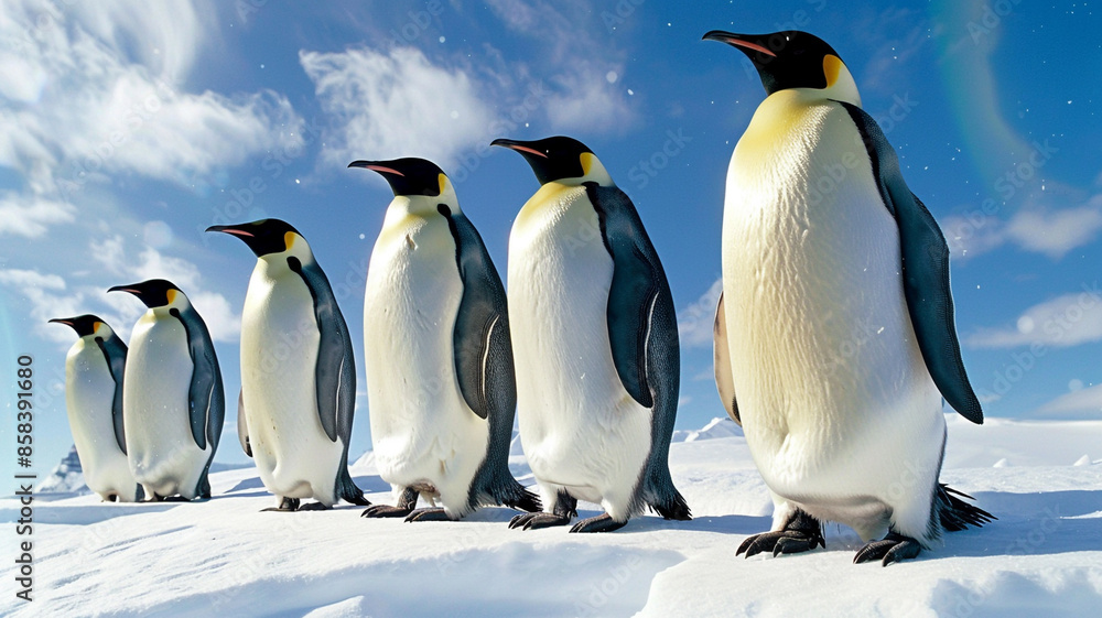 Fototapeta premium A group of emperor penguins on the snow with a blue sky background