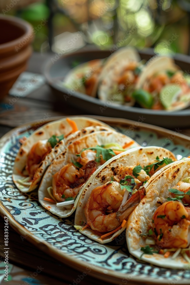 Close-Up of Shrimp Tacos on a Decorative Plate Close-Up of Shrimp Tacos on a Decorative Plate