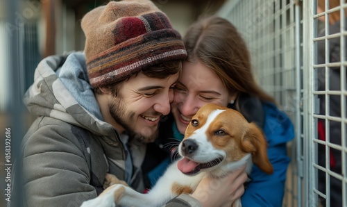 Fototapeta Naklejka Na Ścianę i Meble -  young couple smiling and embracing their pet dog at an animal shelter, capturing the joyous moments of love and companionship between humans and animals