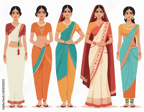 Indian woman. Set of different standing young adult women in the traditional national clothing isolated on white background in flat style. Differences people in the east dress. Vector illustration