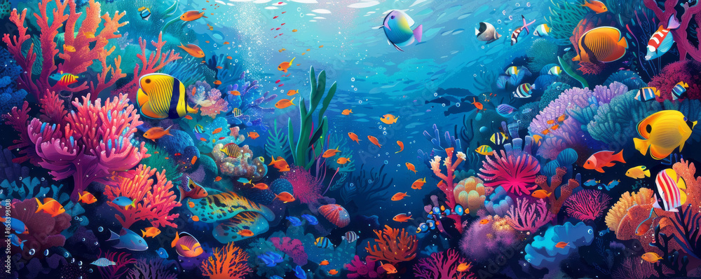 A group of friends exploring an underwater coral reef, snorkeling among colorful fish and vibrant marine life. A group of friends exploring an underwater coral reef, snorkeling among colorful fish and vibrant marine life.