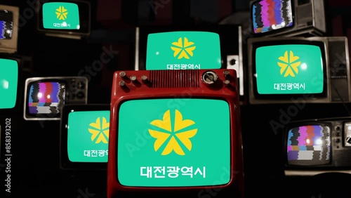 Flag of Daejeon, located in South Korea, Displayed on a Stack of Vintage Televisions. 4K Resolution. photo