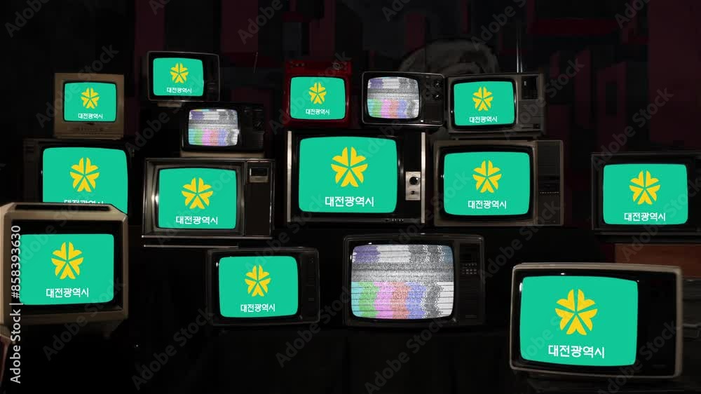 Flag of Daejeon, located in South Korea, Displayed on a Stack of Vintage Televisions. 4K Resolution. Flag of Daejeon, located in South Korea, Displayed on a Stack of Vintage Televisions. 4K Resolution.