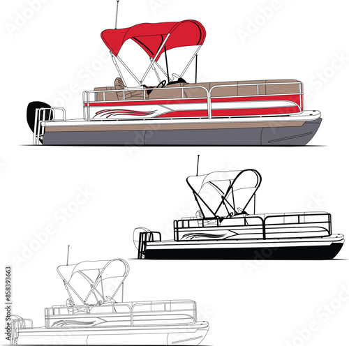 Pontoon boat vector, boat vector, motorboat vector, line art illustration