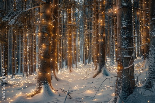 A snowy forest with tall pine trees covered in snow and strings of lights wrapped around the trunks © Ayan