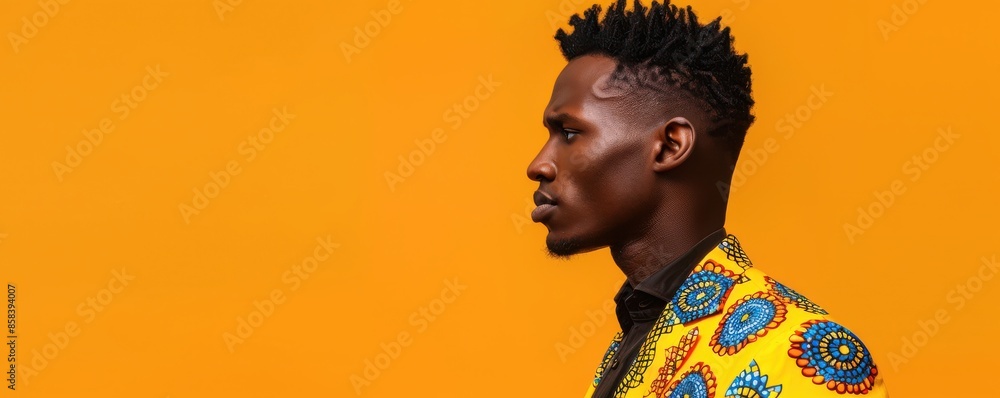 A man in a gold jacket and white shirt stands in front of an orange background. He is wearing sunglasses and has a serious expression on his face. Free copy space for text. A man in a gold jacket and white shirt stands in front of an orange background. He is wearing sunglasses and has a serious expression on his face. Free copy space for text.