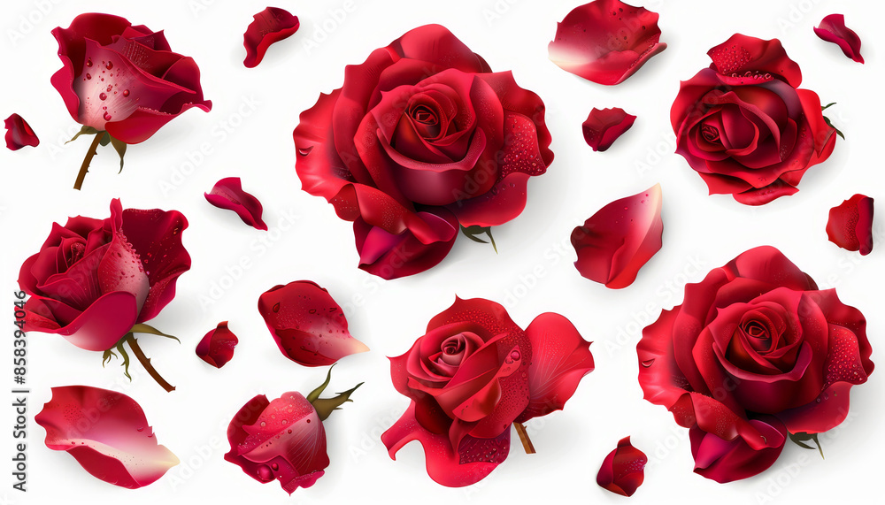 A collection of red roses with some petals scattered around by AI generated image A collection of red roses with some petals scattered around by AI generated image