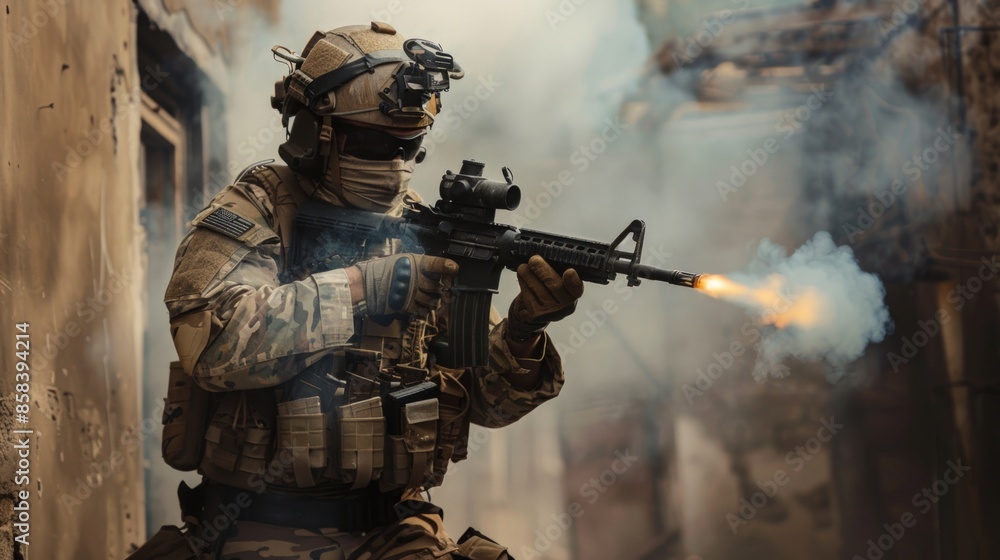 A soldier is firing a weapon in a smokey, war-torn city. Generate AI image A soldier is firing a weapon in a smokey, war-torn city. Generate AI image