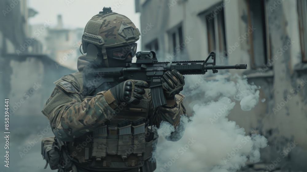 A soldier is firing a weapon in a smokey, war-torn city. Generate AI image A soldier is firing a weapon in a smokey, war-torn city. Generate AI image