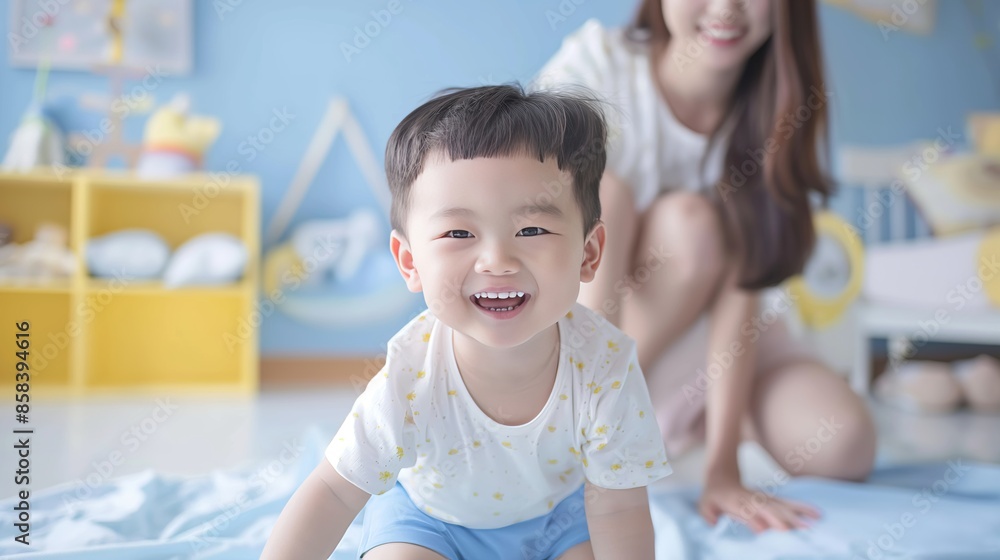 cheerful Chinese boy in light blue shorts and white shirt with yellow dots playing on bed, watched by loving mother, in high definition natural lighting cheerful Chinese boy in light blue shorts and white shirt with yellow dots playing on bed, watched by loving mother, in high definition natural lighting