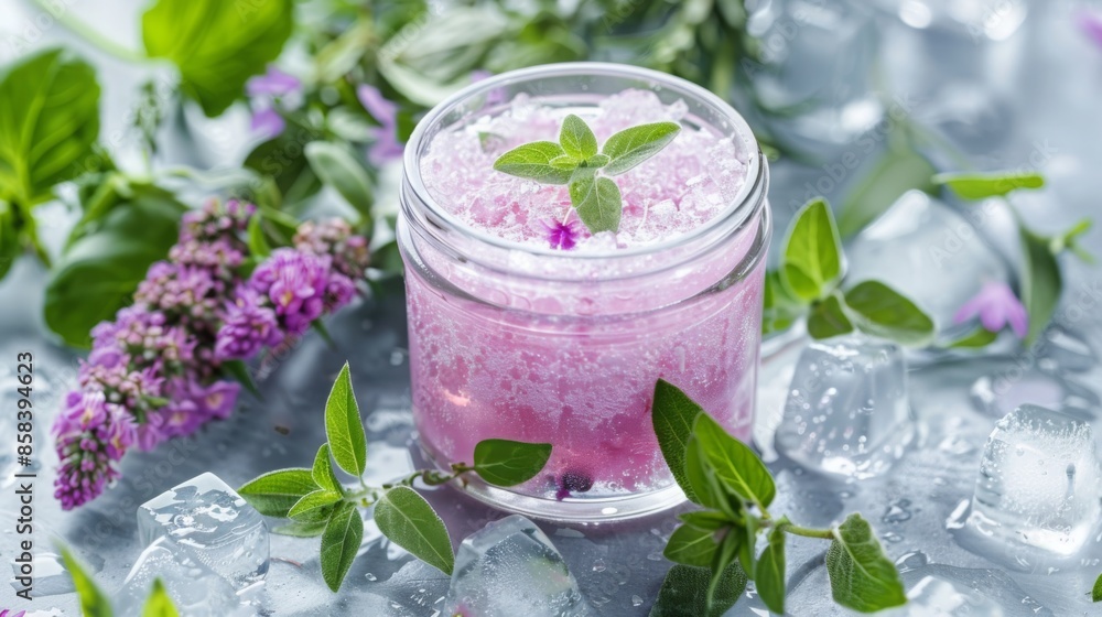 A glass of pink scrub with herbs and ice on a cool surface. A glass of pink scrub with herbs and ice on a cool surface.