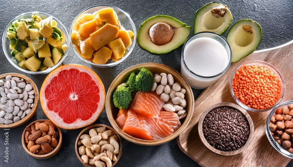 Natural sources of Vitamin B12 (Cobalamin). Healthy diet eating. Top view Natural sources of Vitamin B12 (Cobalamin). Healthy diet eating. Top view
