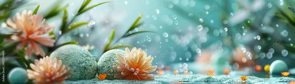 Fototapeta premium Soft pastel flowers with smooth stones in a dreamy, bokeh background.