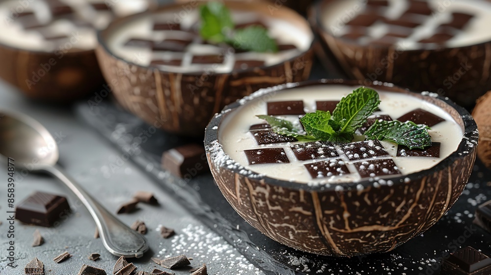 A close-up of a bowl containing chocolate and mint on a table with spoons A close-up of a bowl containing chocolate and mint on a table with spoons