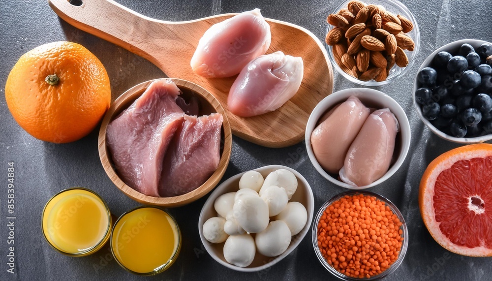 Natural sources of Vitamin B12 (Cobalamin). Healthy diet eating. Top view Natural sources of Vitamin B12 (Cobalamin). Healthy diet eating. Top view