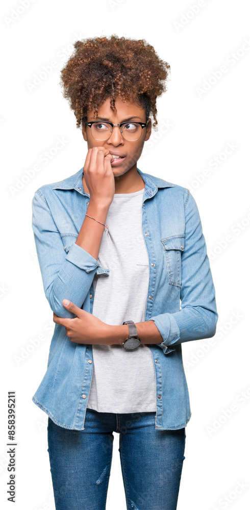Beautiful young african american woman wearing glasses over isolated background looking stressed and nervous with hands on mouth biting nails. Anxiety problem. Beautiful young african american woman wearing glasses over isolated background looking stressed and nervous with hands on mouth biting nails. Anxiety problem.