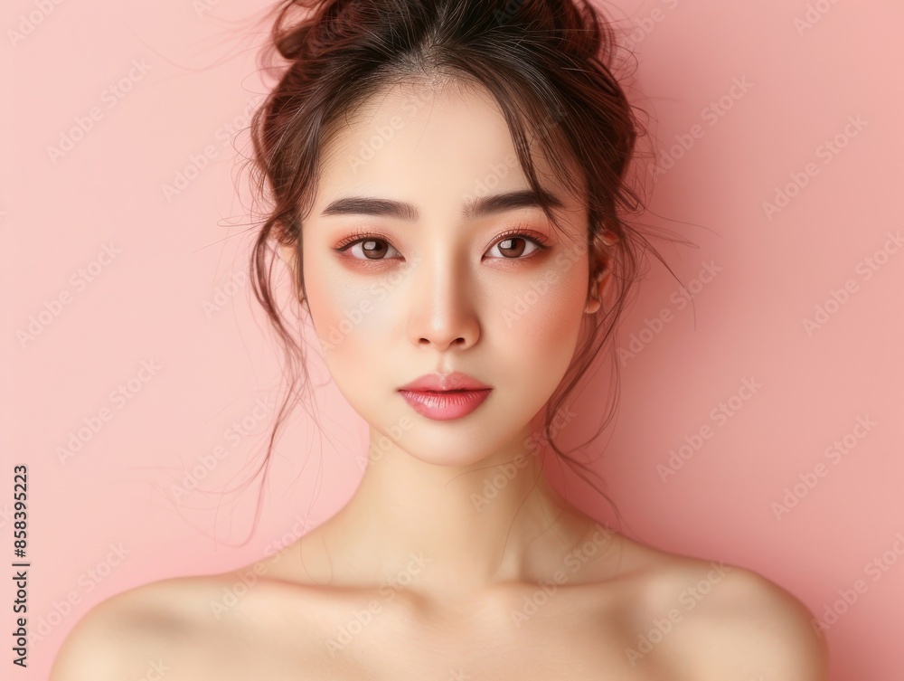 asian woman in front of a beige background. asian woman in front of a beige background.