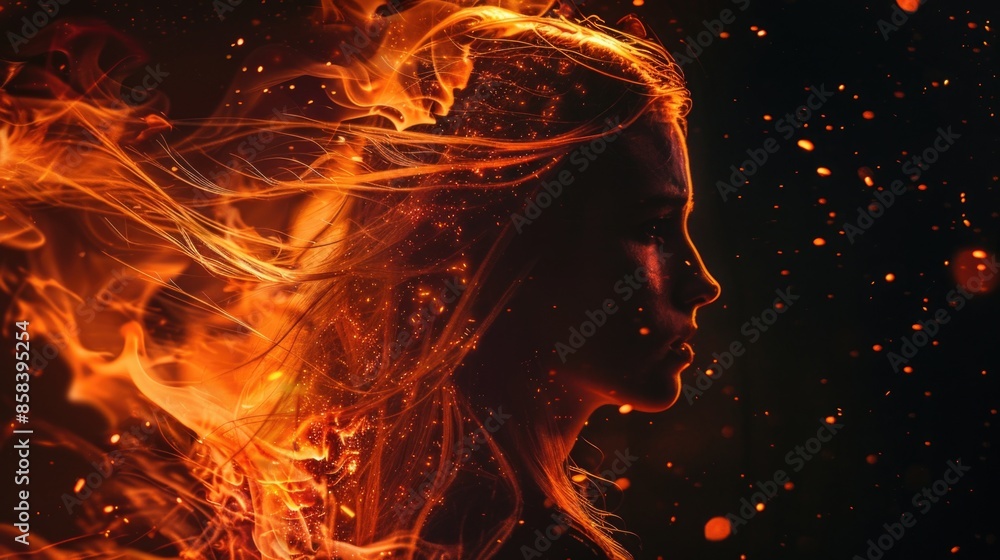 A woman with bright red and orange flames engulfing her hair, a dramatic and attention-grabbing image A woman with bright red and orange flames engulfing her hair, a dramatic and attention-grabbing image