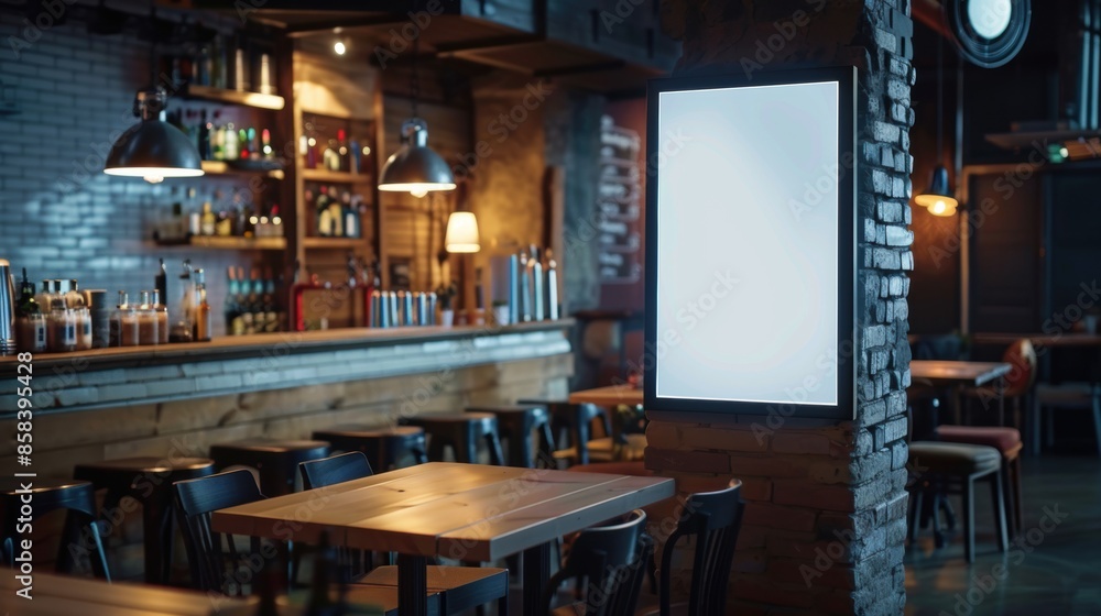 Empty digital sign poster mockup in a bar setting Empty digital sign poster mockup in a bar setting
