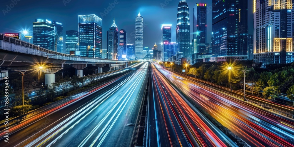 A long exposure photo of a city at night with blurred traffic and city lights A long exposure photo of a city at night with blurred traffic and city lights