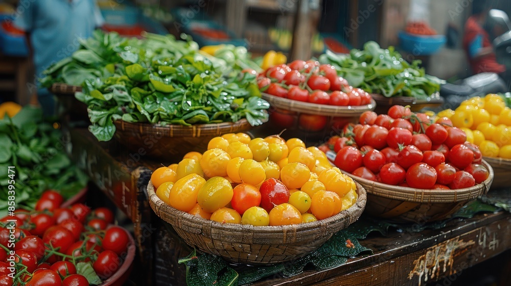 Vibrant Market Stall with Assorted Tomatoes and Greens Vibrant Market Stall with Assorted Tomatoes and Greens