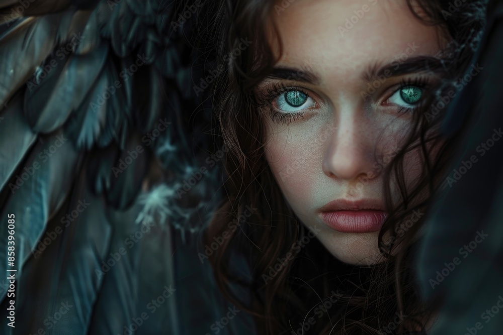Close-up of a woman's face with angelic wings, ideal for fantasy or mythology themes Close-up of a woman's face with angelic wings, ideal for fantasy or mythology themes