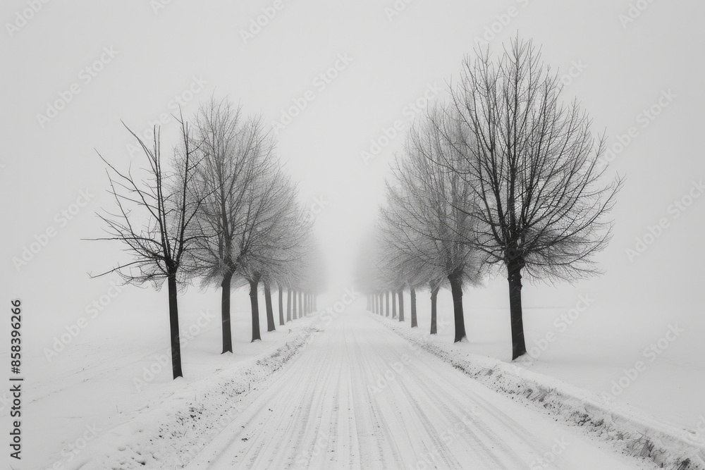 Obraz premium A snowy road lined with trees, perfect for winter scenes and landscapes