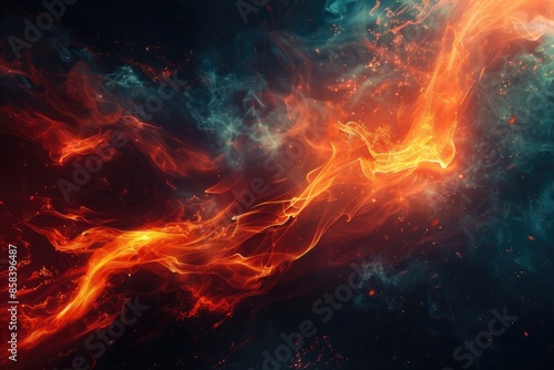 Close-up shot of flames and smoke on a dark surface, suitable for use in designs related to heat, energy or dramatic effects © Ева Поликарпова