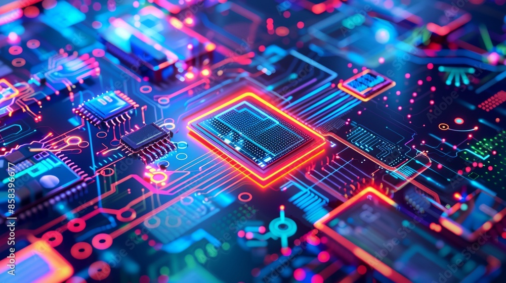 a close up of a computer chip with colorful lights a close up of a computer chip with colorful lights