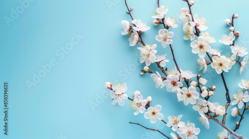 Blooming Plum tree branches on bright blue background Spring theme with space for text photo