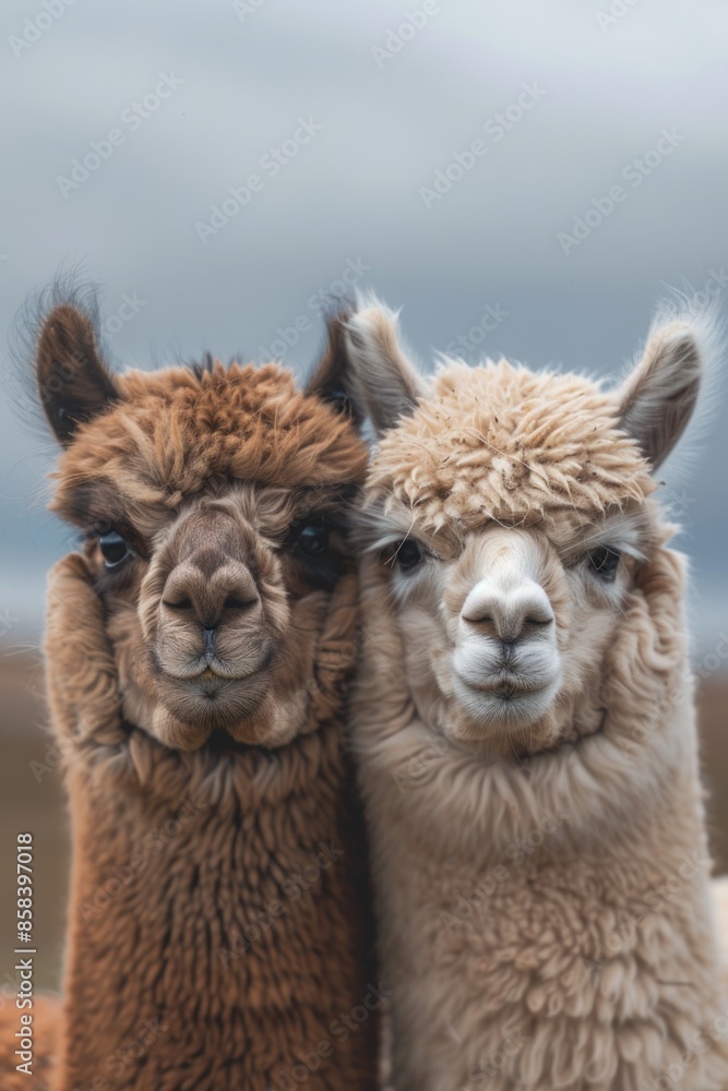 Obraz premium A pair of llamas standing side by side, possibly in a farm or zoo setting