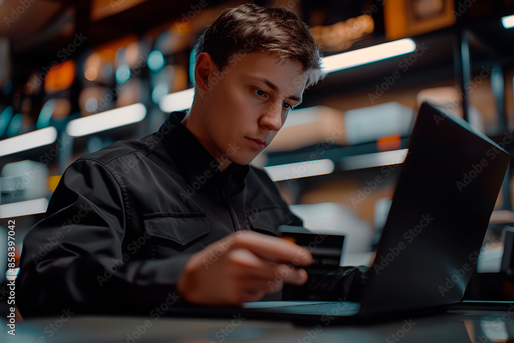 Caucasian guy, young adult shopping online paying with his credit or debit card through his laptop at work. Generative Ai. Caucasian guy, young adult shopping online paying with his credit or debit card through his laptop at work. Generative Ai.
