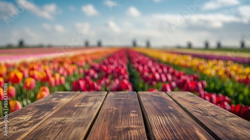 a close up of a rustic empty wooden table with blurred tulips field background #858397086