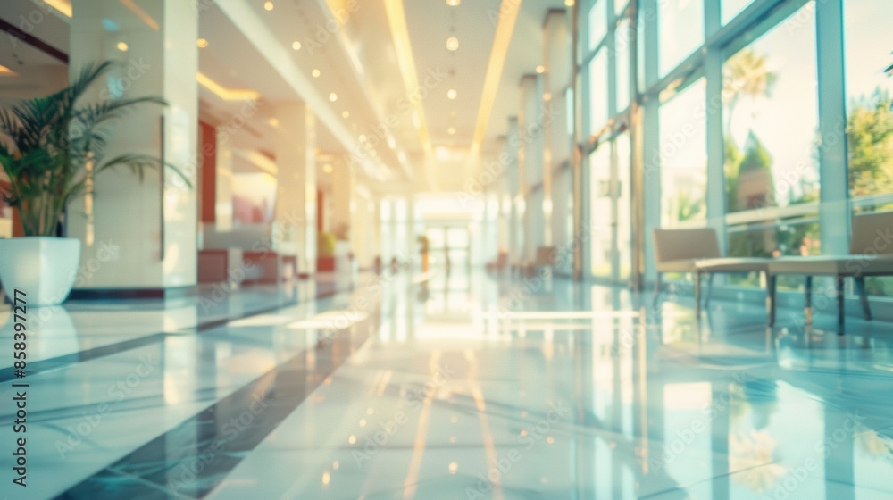 Blurred lobby view with sunlight streaming through windows Blurred lobby view with sunlight streaming through windows