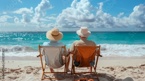 two people sitting on a beach facing the ocean © progressman