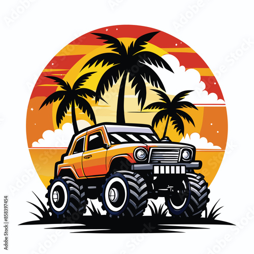 Wallpaper Mural Vector art of synthase 4WD Monster Truck with pal trees and sunset, white background Torontodigital.ca