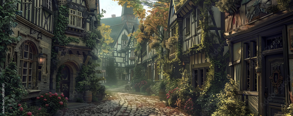 Fototapeta premium A quaint village scene with cobblestone streets and half-timbered houses.
