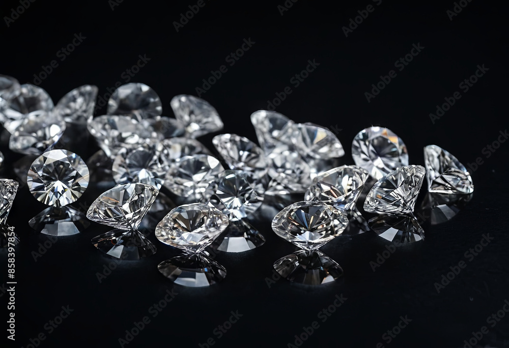 A group of sparkling diamonds are scattered on a black surface. The diamonds reflect light beautifully A group of sparkling diamonds are scattered on a black surface. The diamonds reflect light beautifully