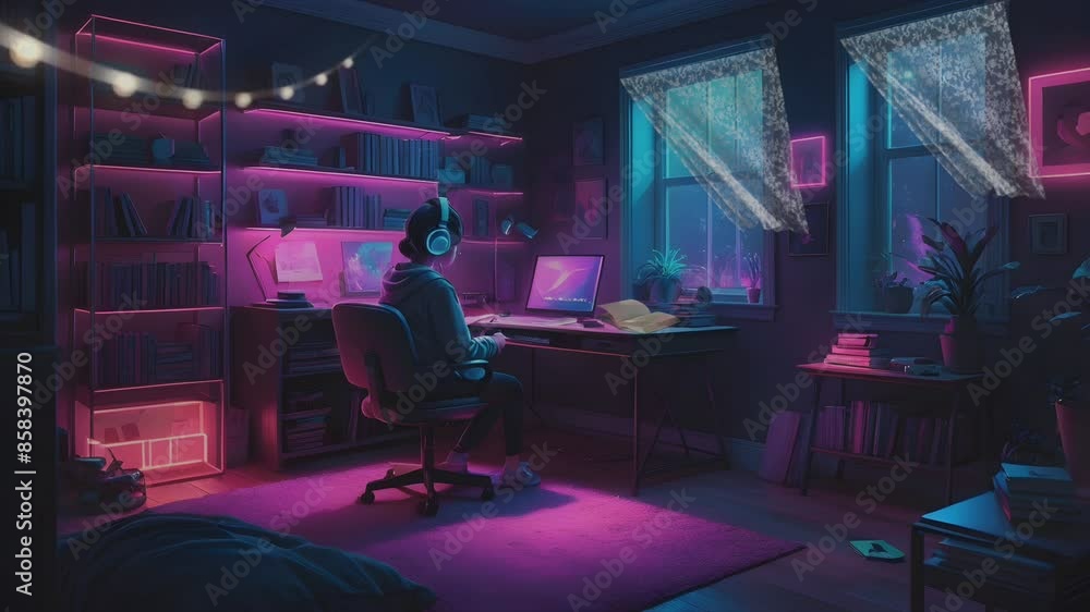 Cozy room at night with bookshelves and computers. Serene purple and blue hues create a focused ambiance Cozy room at night with bookshelves and computers. Serene purple and blue hues create a focused ambiance