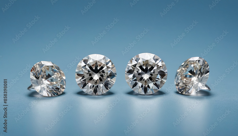 Four round brilliant cut diamonds, arranged in a row on a blue background, reflecting light Four round brilliant cut diamonds, arranged in a row on a blue background, reflecting light