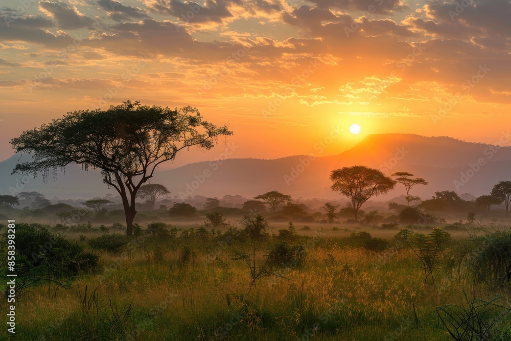 A serene landscape with the sun setting over a green grassy area, perfect for use in travel or nature-themed contexts A serene landscape with the sun setting over a green grassy area, perfect for use in travel or nature-themed contexts