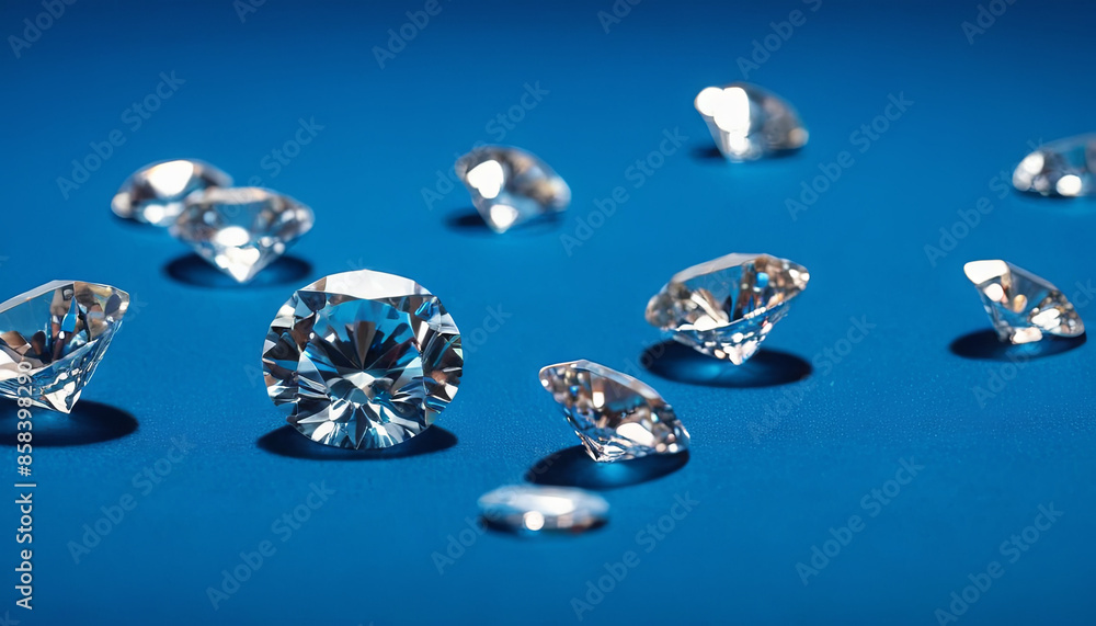 Close-up image of several brilliant cut diamonds scattered on a blue background Close-up image of several brilliant cut diamonds scattered on a blue background