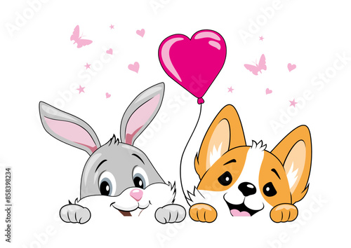 Peeking smiling rabbit and welsh corgi dog with balloon