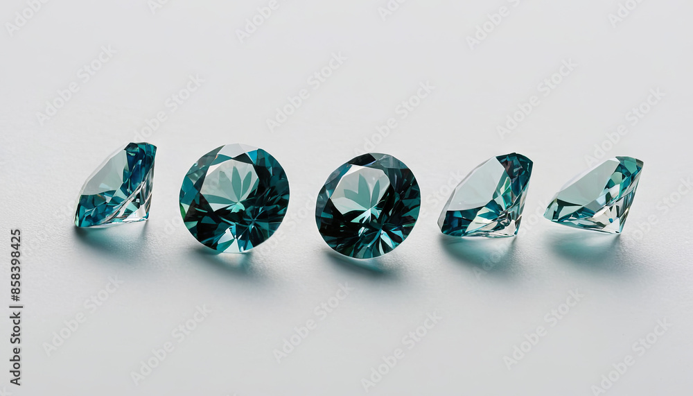 Close-up shot of five blue round brilliant cut diamonds on a white background Close-up shot of five blue round brilliant cut diamonds on a white background