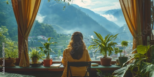 A contemplative woman sits by a window, enjoying the serene morning view of misty mountains and lush greenery in the distance, evoking feelings of peace and reflection. photo