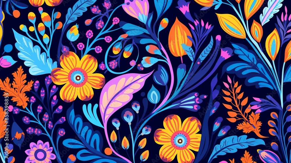 Mixed floral elements in bold hues, pattern, Random, Bright and cheerful decoration for home decor Mixed floral elements in bold hues, pattern, Random, Bright and cheerful decoration for home decor