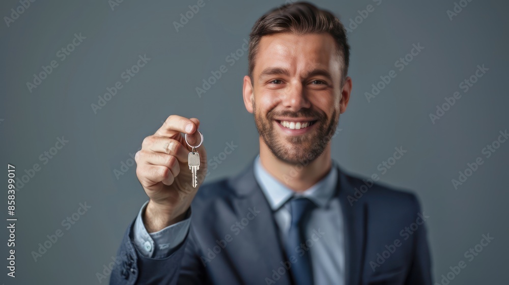 A businessman holding a keychain with a confident smile, against a blank background for your message A businessman holding a keychain with a confident smile, against a blank background for your message